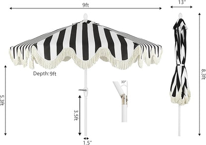 JONATHAN Y UMB1001 Collins 9 ft. Classic Cottage Tassel Market Patio Umbrella with Auto-Tilt, Crank, Wind Vent and UV Protection