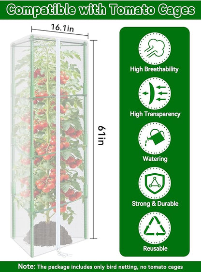 ZeeDix 61" x 16.1" Garden Bird Netting for Triangle Tomato Cage, 2 Pack Garden Mesh Barrier, Plant Covers Protect Tomatoes, Vegetables, Blueberry Bush from Birds & Pests