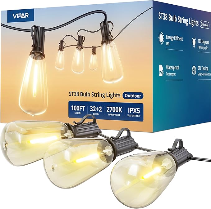 VIPAR LED Outdoor String Lights, 100FT Patio Lights with 32 Edison Shatterproof Bulbs, IPX5 Waterproof Outside Hanging Light Connectable for Backyard Porch Balcony Garden Deck Decor, E12 Base, Black