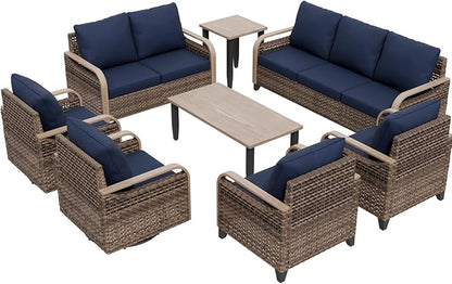 COOS BAY Modern Wicker Outdoor Furniture Set, Patio Conversation Set with Swivel Rockers, Patio Chairs, 3 Seat Couch, Loveseat, Coffee Table and Side Table, 8 Piece, Brown/Blue
