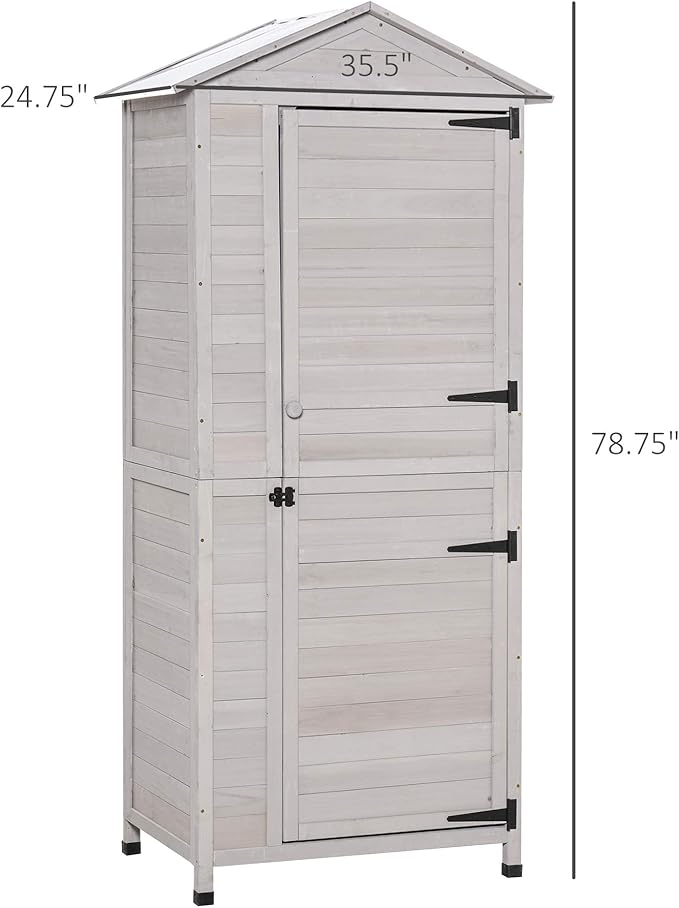 Outsunny 36" x 25" x 79" Wooden Storage Shed Cabinet, Outdoor Tool Shed Organizer with 4-Tier, 3 Shelves with Handle Tin Roof Magnetic Latch Foot Pad, Light Grey