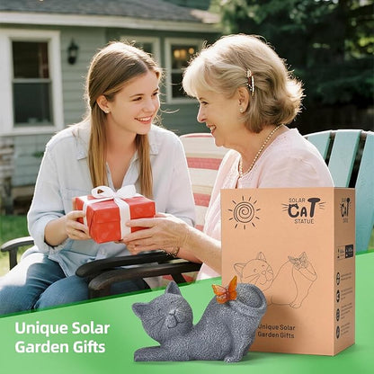 Solar Garden Statue with Glowing Butterfly, Outdoor Resin Cute Figurine with Solar Light, Waterproof Yard Decor for Patio, Lawn, Porch, and Unique Garden Gifts for Lovers (solar cat statue grey)