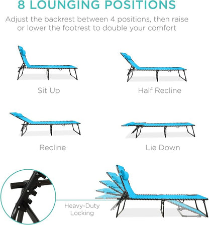 Best Choice Products Extra Wide Patio Chaise Lounge Chair, Portable Outdoor Folding Recliner for Lawn, w/ 8 Positions, Handles, 440lb Capacity - Light Blue