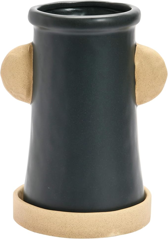 Creative Co-Op Stoneware Face Planter with Saucer, Set of 2, Matte Black and Cream, 9"
