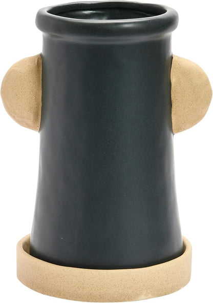 Creative Co-Op Stoneware Face Planter with Saucer, Set of 2, Matte Black and Cream, 9"