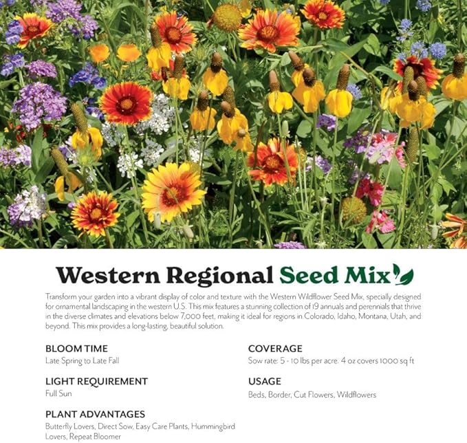 Grow Your Own Vibrant Annual and Perennial Wildflower Garden Seeds Mixture, Varieties for Pollinators and Spring Gardens - Western Regional Mix, 25 lbs