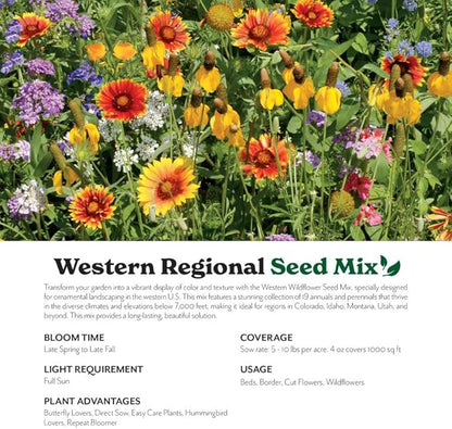 Grow Your Own Vibrant Annual and Perennial Wildflower Garden Seeds Mixture, Varieties for Pollinators and Spring Gardens - Western Regional Mix, 10 lbs