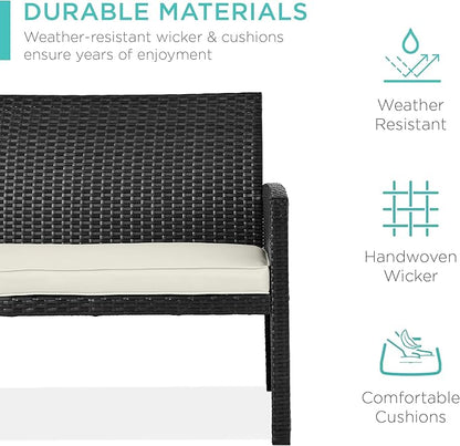 Best Choice Products 4-Piece Outdoor Wicker Patio Conversation Furniture Set for Backyard w/Coffee Table, Seat Cushions - Black/White Sand