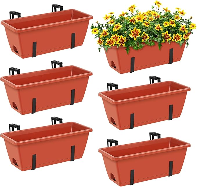 ETELI Railing Planter Box 6 Pack Balcony Planters Railing Hanging with Metal Brackets Window Boxes Deck Rail Planter for Outdoor Indoor Porch Garden Patio, Red & Black