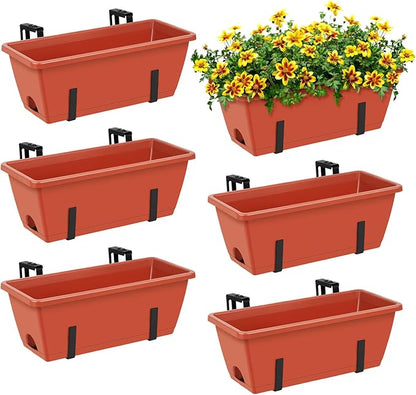 ETELI Railing Planter Box 6 Pack Balcony Planters Railing Hanging with Metal Brackets Window Boxes Deck Rail Planter for Outdoor Indoor Porch Garden Patio, Red & Black