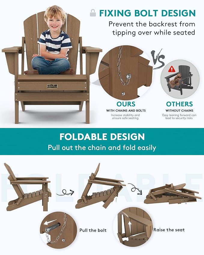 SERWALL Folding Adirondack Chair Set of 4 Outdoor Chairs Painted Adirondack Chair Weather Resistant for Patio Deck Garden, Backyard Deck, Fire Pit- Brown