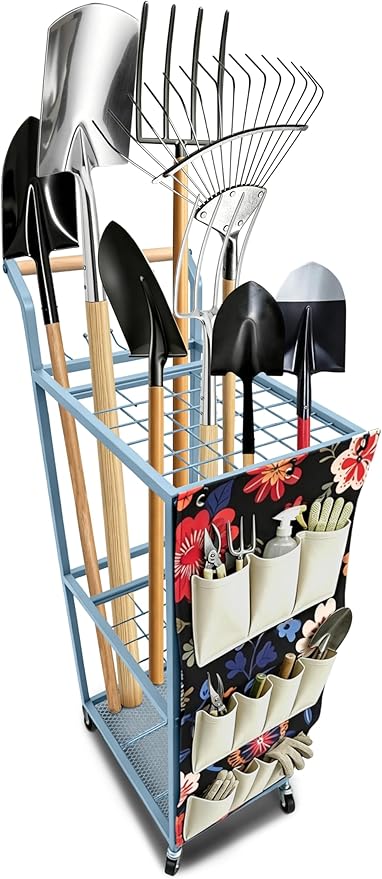 Garden Tool Organizer with Wheels Heavy Duty Yard Tool Organizer Rack with Side Storage Pockets Sturdy Metal Steel Holder with 6 Hooks for Garage, Yard, Patio, Shed