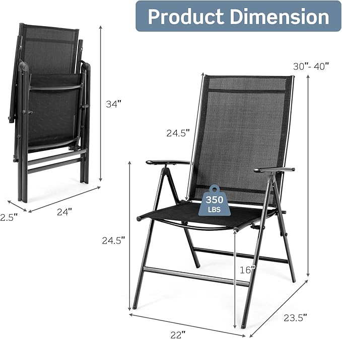 Tangkula Set of 2 Patio Foldable Dining Chairs, Outdoor Portable Camping Chairs with Armrest High Backrest, Folding Chairs for Porch, Poolside, Garden, Balcony, Backyard (Black)