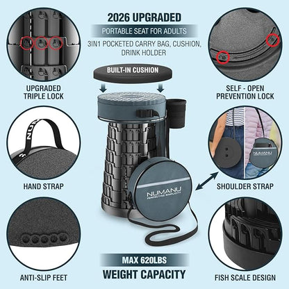 NUMANU 2026 Upgraded Collapsible Stool & 3IN1 Cushioned Carry Bag, 2.5"-18" Height Adjustable Max 620lbs, Portable Retractable Telescoping Seat, Foldable Camping Stool or Footrest for Adults (Round)