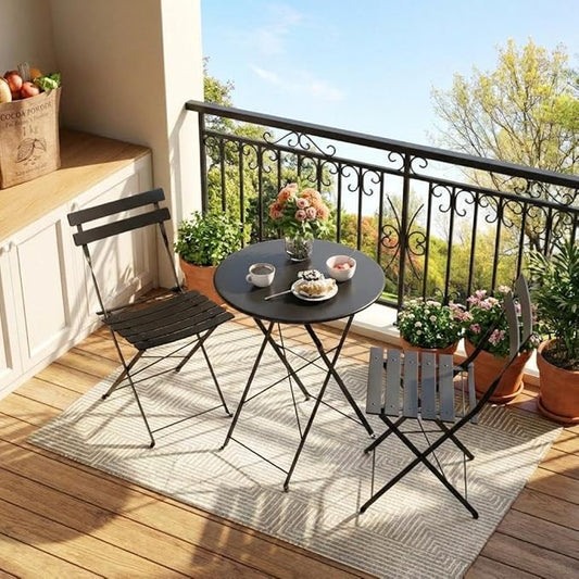 GarveeLife Outdoor Metal Bistro Set, 3-Piece Patio Furniture Set with 2 Chairs and 1 Table, Flat Steel Frame Patio Dining Set for Garden, Balcony, Porch & Backyard,Black