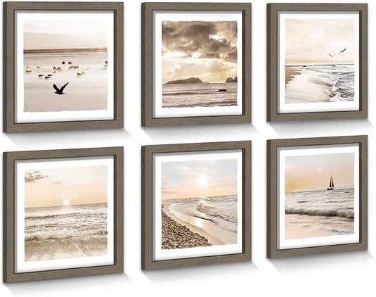 Framed Ocean Photo Wall Art: Modern Relaxing Beach Artwork Nature Coastal Dusk Scenery Picture 6 Pieces Seaside Seagulls Prints Horizontal Sunset Seascape Painting for Bedroom Bathroom