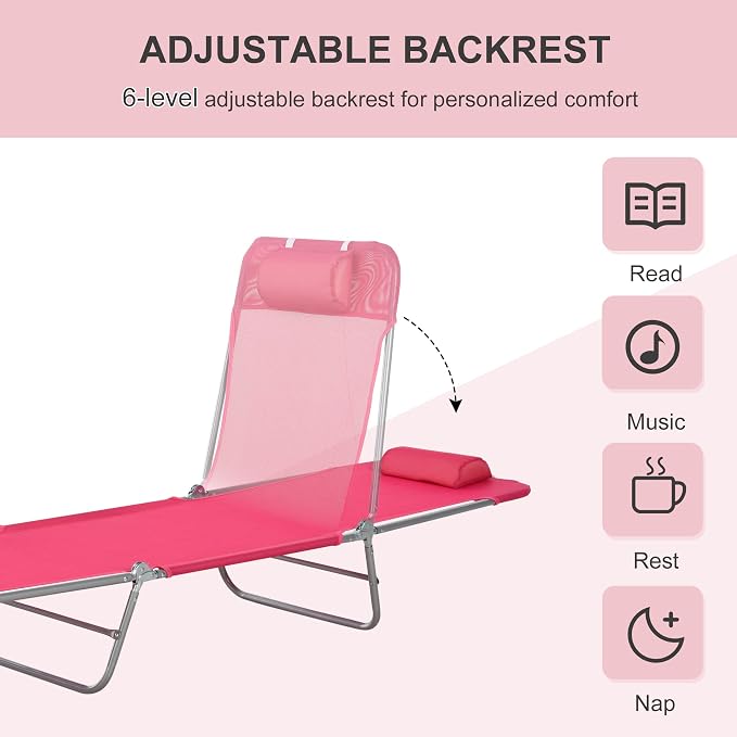 Outdoor Chaise Lounge with Detachable Pillow, Reclining Folding Chair with 5-Position Adjustable Back, Portable Tanning Chair For Beach, Pool, Lawn, Breathable Mesh Seat, No Assembly (Pink)