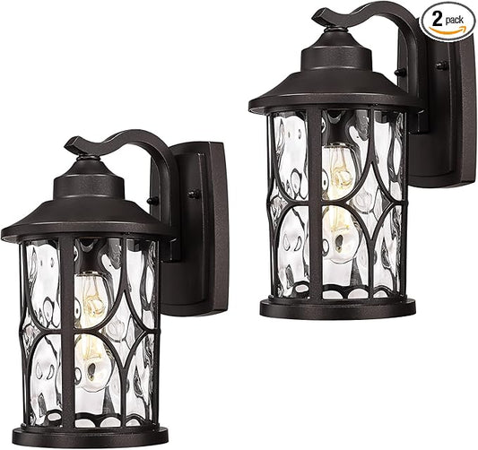 zeyu 12 Inch Outdoor Wall Lights, 2 Pack Exterior Front Porch Light, Die-Cast Aluminum, Oil Rubbed Bronze Finish with Water Ripple Glass Glass, ZX48BWG-2PK ORB