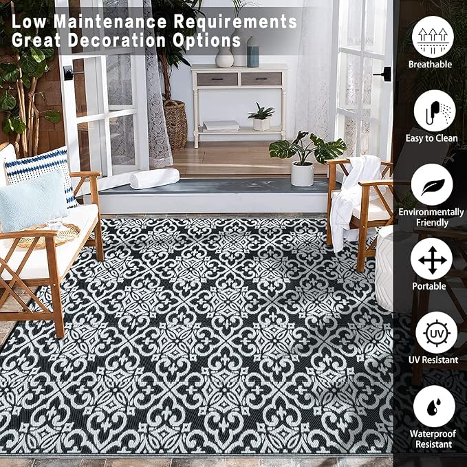 HUGEAR Outdoor Rug for Patios Clearance,Waterproof Mat,Large Outside Carpet,Reversible Plastic Straw Camping Rugs,Rv,Porch,Deck,Camper,Balcony,Backyard (5x8,Danica/Black&White)