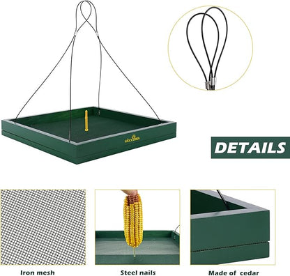 MIXXIDEA Bird Feeder Hanging Tray, Bird Feeders for Outdoors, Wooden Seed Tray Platform Mesh Seed Platform for Garden Yard Outside Decoration Attracting for Wild Birds (Green-1pk)
