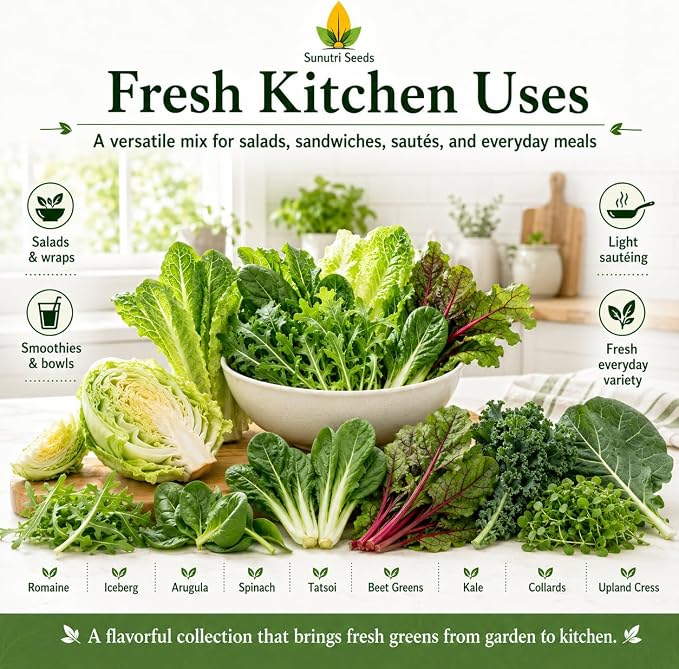 Salad Greens Variety Pack Seeds – 9 Heirloom Leafy Green Vegetable Seeds | Lettuce Kale Spinach Arugula Collards Beet Greens Mustard Cress for Raised Beds Containers Garden