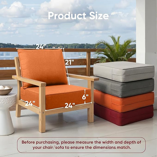 Outdoor Chair Cushions Set of 3, Waterproof 24x24 Patio Chair Cushion, 6" Thickened Seat Cushion for Outdoor Furniture, Couch Cushion Replacement, Include 3 Back & 3 Seat Cushions, Thick/Orange