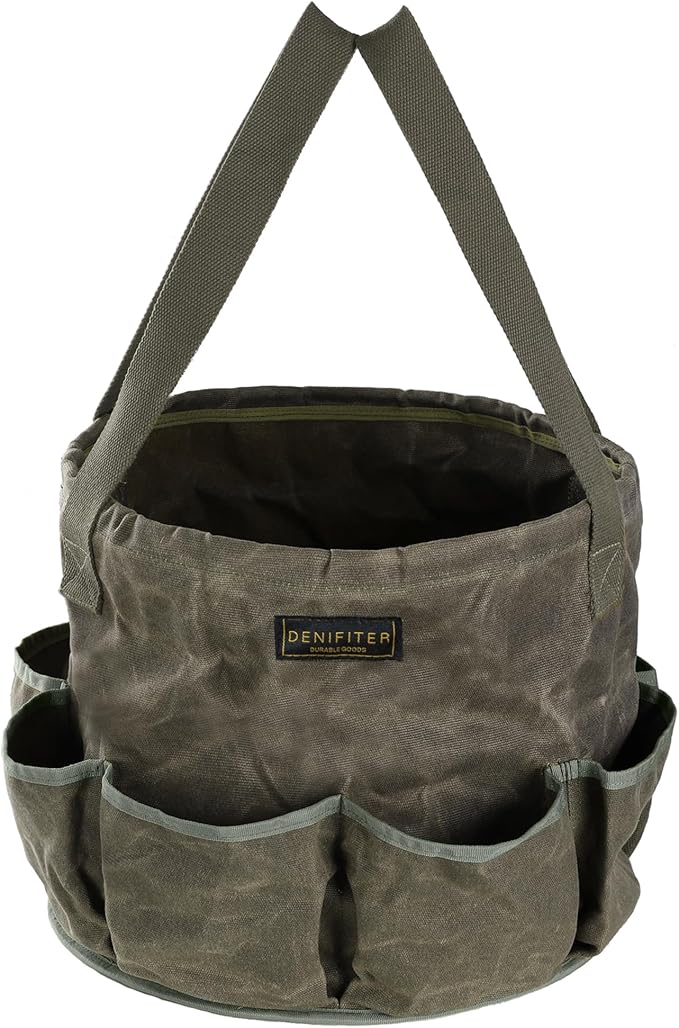 Professional 16oz Waxed Canvas Garden Tool Tote - Extra Large Waterproof Storage with 8 Pockets & Reinforced Base | Durable Carrying Case for Gardening, Landscaping & Outdoor Work