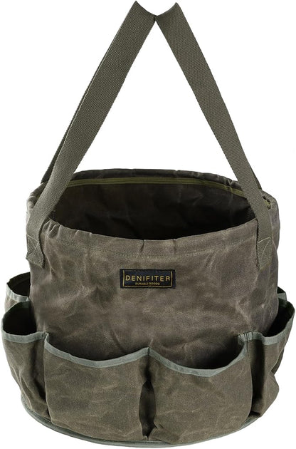 Professional 16oz Waxed Canvas Garden Tool Tote - Extra Large Waterproof Storage with 8 Pockets & Reinforced Base | Durable Carrying Case for Gardening, Landscaping & Outdoor Work