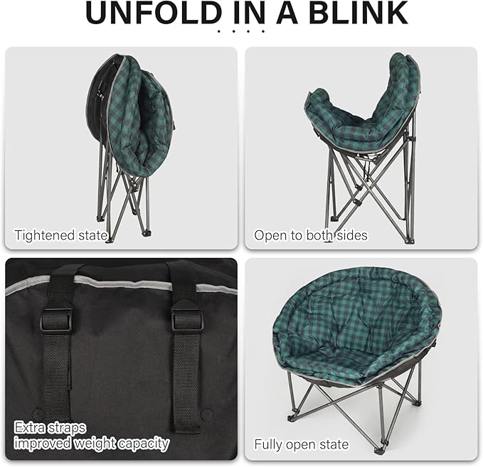 Oversized XXL Folding Round Camping Chair,Super Comfy Padded Moon Camp Chairs,Heavy Duty Supports 200 Kg Outdoor Lawn Chairs for Adults,Perfect for Indoor,Family Camping,Hiking,Picnics and Garden