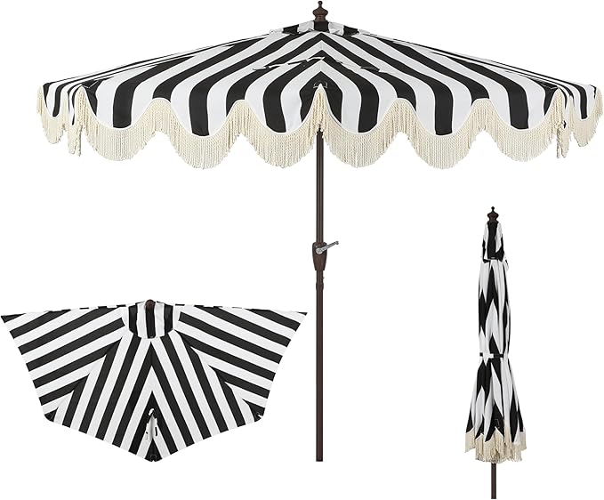 JONATHAN Y Half Umbrella UMB1201A Beverly 9 ft. Designer Classic Scalloped Fringe Market Patio with Crank, Push Button Tilt and UV Protection in Black/White