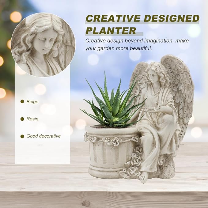 Hemoton 1Pc Artistic Flower Pot Creative Vintage Style Angel Planter Statue for Home Decor Garden Ornament Decorative Outdoor Flowerpot for Lawn and Patio Beige