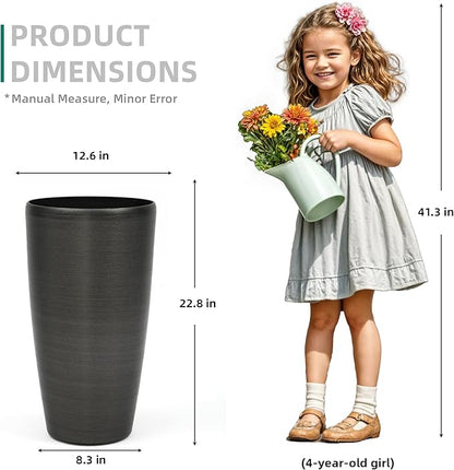 22.8" Large Planters Pot Set of 2 Flower Pots Tall Pots for Plants with Modern Handmade Brushed Metal Finish, Weather-Resistant for Indoor, Outdoor, Deck and Porch, Black