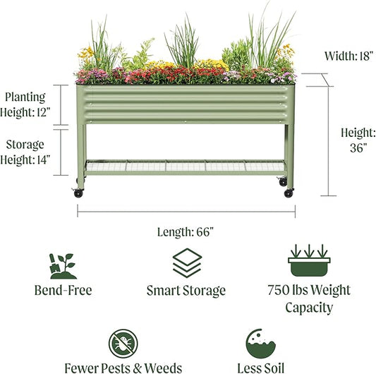 Rolling Elevated Raised Garden Bed - Slim Series, 1.5' x 5.5' Outdoor Planters Boxes with Legs & Storage Rack for Patio, 750 Lbs Weight Capacity, Raised Beds for Gardening Herbs Flowers, Olive Green