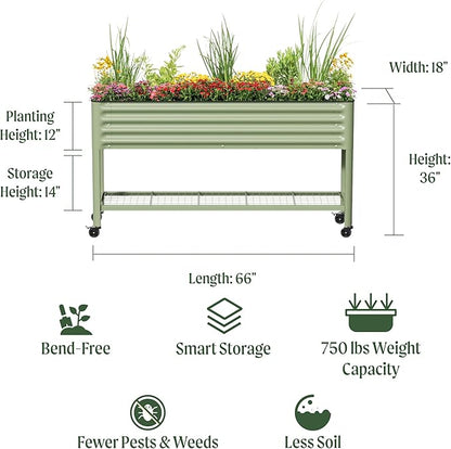 Rolling Elevated Raised Garden Bed - Slim Series, 1.5' x 5.5' Outdoor Planters Boxes with Legs & Storage Rack for Patio, 750 Lbs Weight Capacity, Raised Beds for Gardening Herbs Flowers, Pearl White
