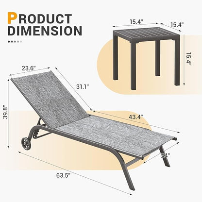 UDPATIO Aluminum Lounge Chair Set of 3 Poolside Chaise Lounger Outdoor Lounge Chairs 5 Adjustable Position Backrest Pool Lounger with Wheels Side Table for Patio Pool,Grey