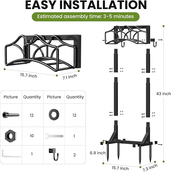 Keten Garden Hose Holder, Detachable Metal Water Hose Holder Stand, Heavy Duty Freestanding Garden Hose Reel Rack and Hose Storage Organizer for Outside Yard