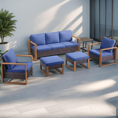 Rilyson Outdoor Wicker Patio Furniture Set - 4 Piece Patio Conversation Set with 2 Wicker Armrest Chairs,2 Rattan Ottoman, Sturdy Frame, Thick Cushions, Deep Seating(Brown/Blue)