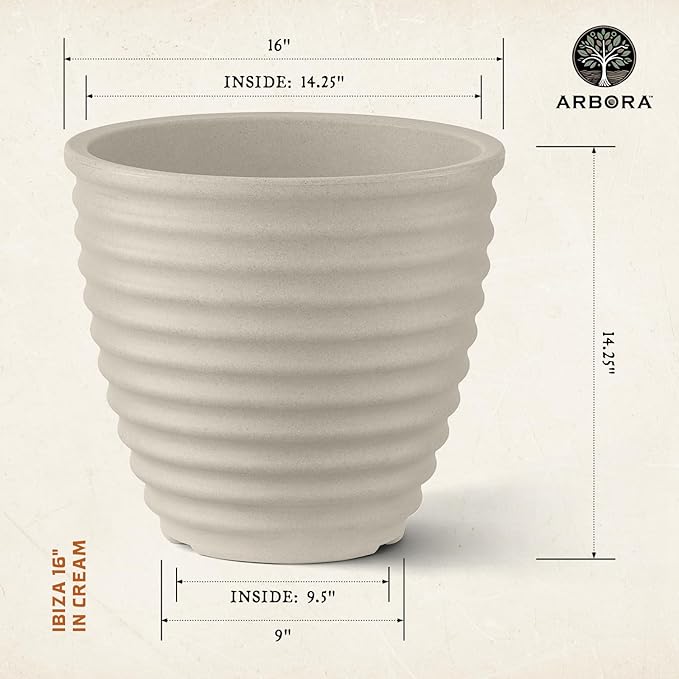 ARBORA 16" Ibiza Polyresin Indoor and Outdoor Planter with Classic Cream Finish - Durable, Weatherproof, Lightweight, Large Plant Pot for Patio, Garden, Deck, Entryway - 2 Pack