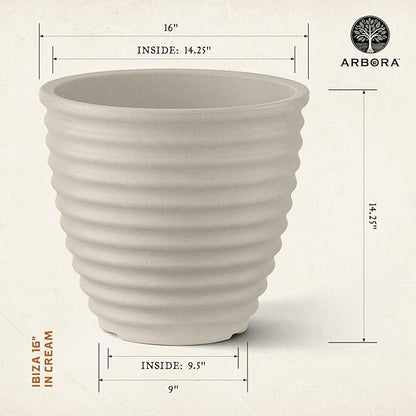 ARBORA 16" Ibiza Polyresin Indoor and Outdoor Planter with Classic Cream Finish - Durable, Weatherproof, Lightweight, Large Plant Pot for Patio, Garden, Deck, Entryway - 2 Pack