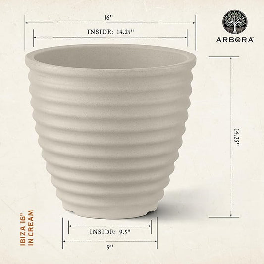 ARBORA 16" Ibiza Polyresin Indoor and Outdoor Planter with Classic Cream Finish - Durable, Weatherproof, Lightweight, Large Plant Pot for Patio, Garden, Deck, Entryway
