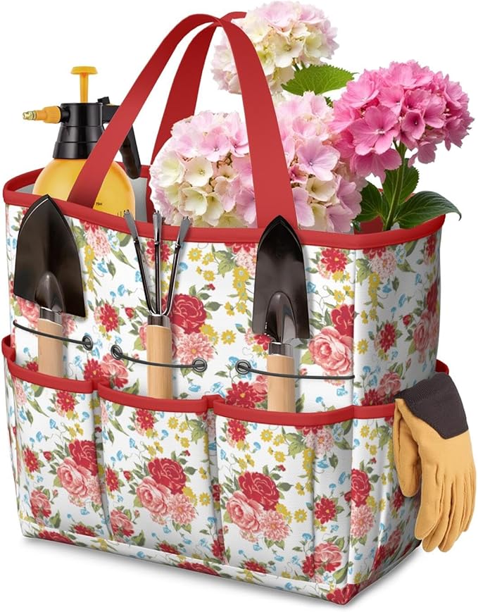 Floral Garden Tool Bag - Waterproof Garden Tote with 8 Pockets, Large Storage Home Organizer Gardening Tool Oxford Bag for Garden Tools Kits Holder, Ideal Outdoor Gardening Gift for Women & Men