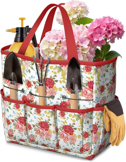 Floral Garden Tool Bag - Waterproof Garden Tote with 8 Pockets, Large Storage Home Organizer Gardening Tool Oxford Bag for Garden Tools Kits Holder, Ideal Outdoor Gardening Gift for Women & Men