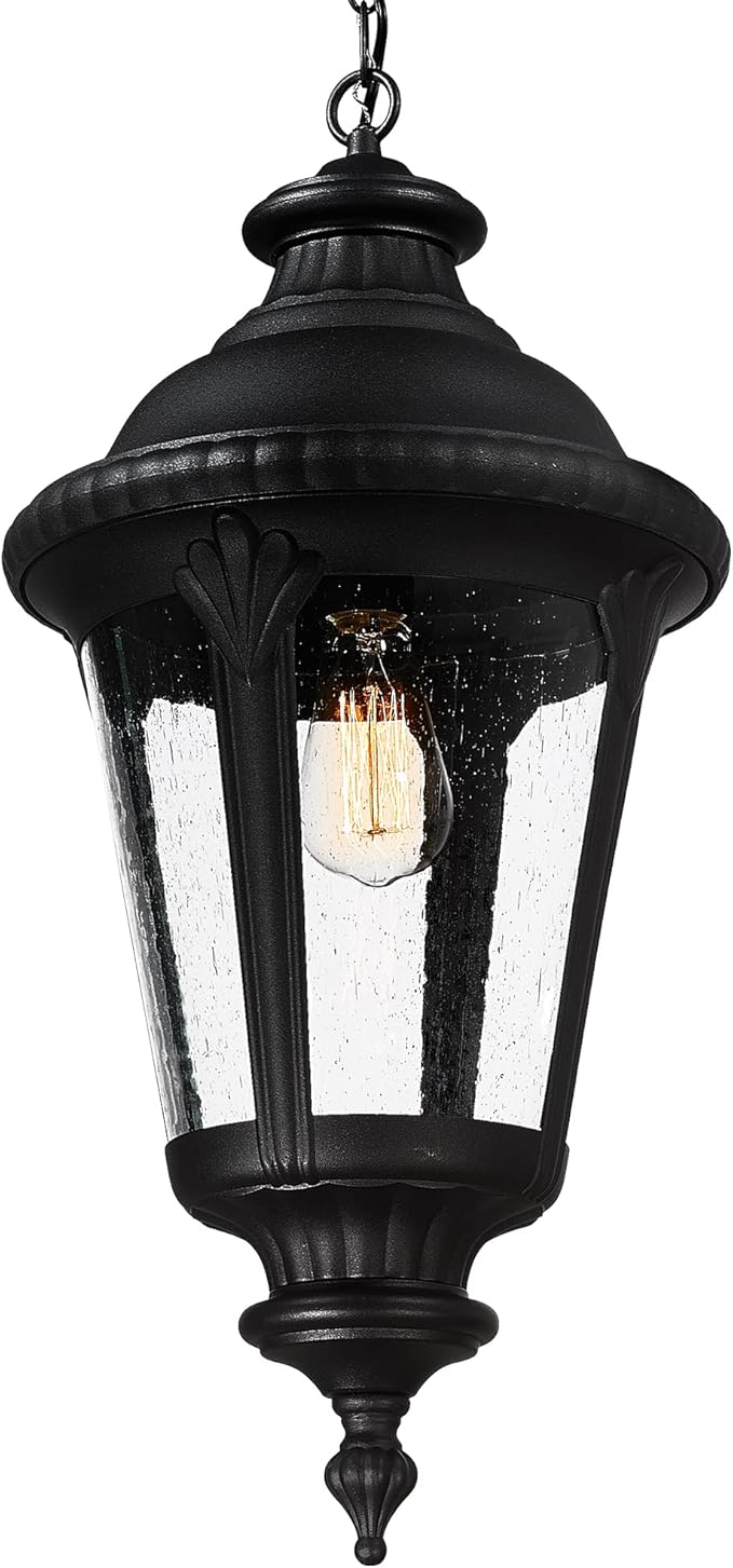 Emliviar Vintage Farmhouse Outdoor Hanging Light Lantern, 25 Inch Large Exterior Pendant Light Ceiling Mount with Seeded Glass, Black Finish, XE265H BK