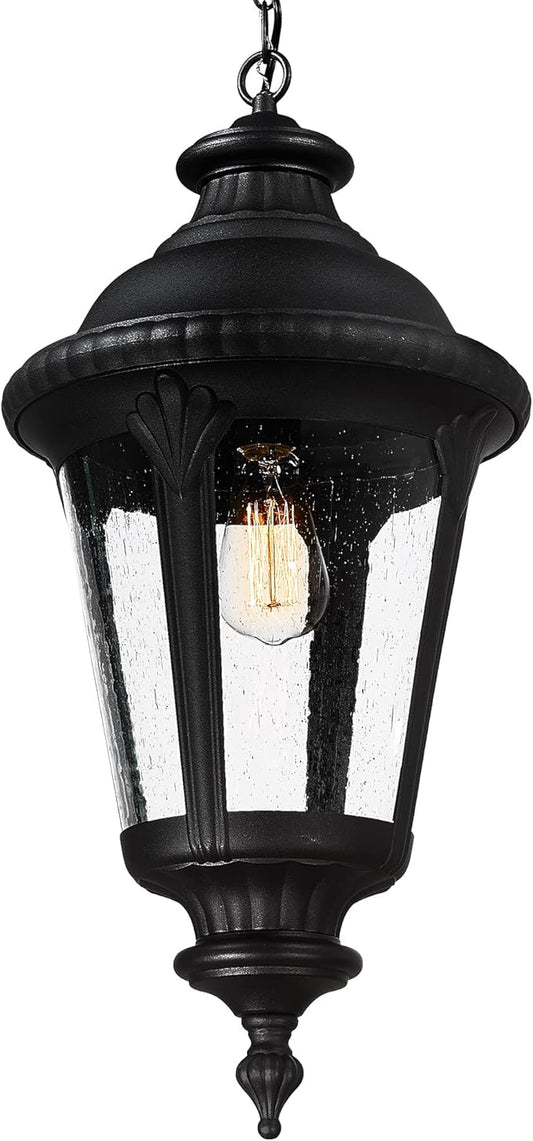 Emliviar Vintage Farmhouse Outdoor Hanging Light Lantern, 25 Inch Large Exterior Pendant Light Ceiling Mount with Seeded Glass, Black Finish, XE265H BK
