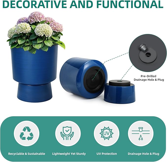 16.8" 2-Pack Urn Planters for Outdoor Indoor Plants, Modern 2-in-1 Large Flower Pots with Detachable Base, Drainage Holes, Weather-Resistant for Garden Patio Home Office Decor, Brushed Blue