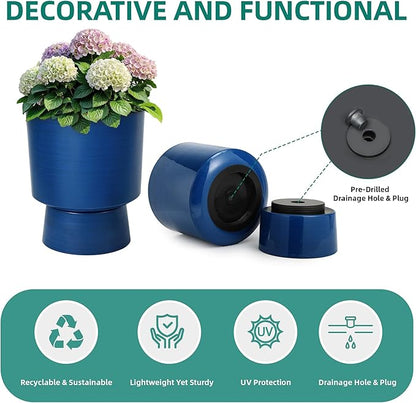 16.8" 2-Pack Urn Planters for Outdoor Indoor Plants, Modern 2-in-1 Large Flower Pots with Detachable Base, Drainage Holes, Weather-Resistant for Garden Patio Home Office Decor, Brushed Blue