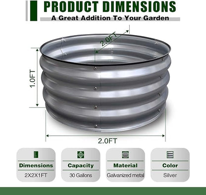 GrowHaus 2Pack 2x2x1FT Galvanized Raised Garden Bed, Planter Boxes Outdoor Round Metal Garden Beds for Planting Vegetables Flowers Herbs Silver