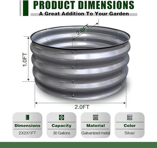 GrowHaus 2Pack 2x2x1FT Galvanized Raised Garden Bed, Planter Boxes Outdoor Round Metal Garden Beds for Planting Vegetables Flowers Herbs Silver