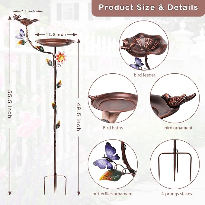 MUMTOP Bird Baths and Feeder for Outdoors, 55 inch Height Metal Birdbath Antique Garden Bird Feeder with Metal Stake for Garden Outside Yard Lawn Decorations, Copper