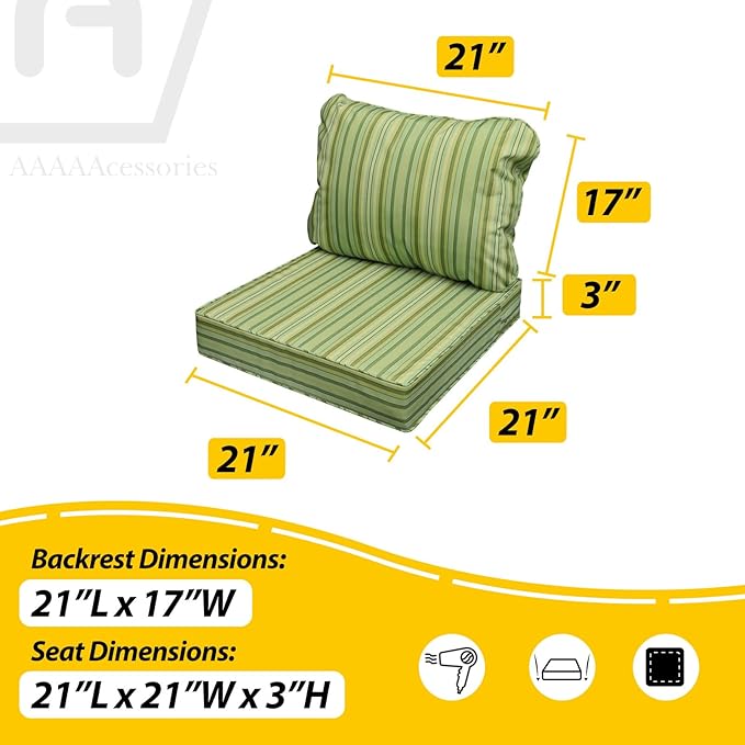 AAAAAcessories Outdoor Seat Cushions for Chairs, Fade-Resistant, Waterproof Patio Furniture Replacement Cushions, 21" x 21" x 3" + 21" x 17", Mossy Forest Stripe